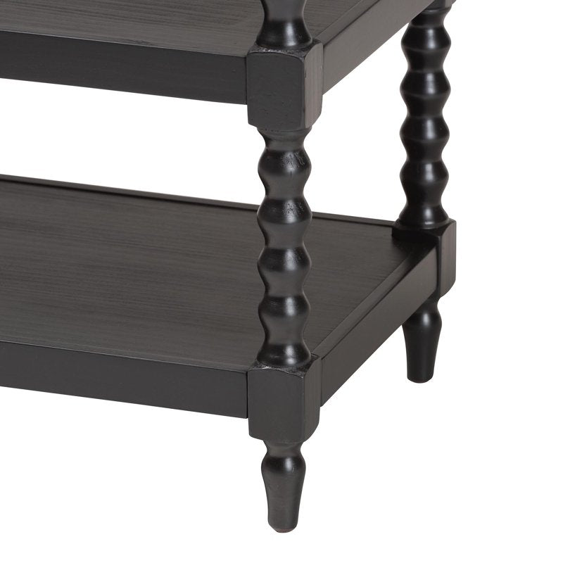 Retro-Modern End Table with Turned Legs and Pullout Shelf - Black