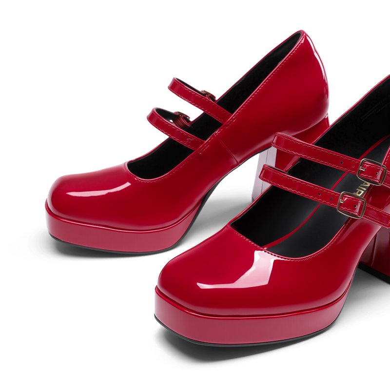 Red Women's Y2K Double Strap Platform Mary Jane Heels with Square Toe & Chunky Heel - Size 9.5