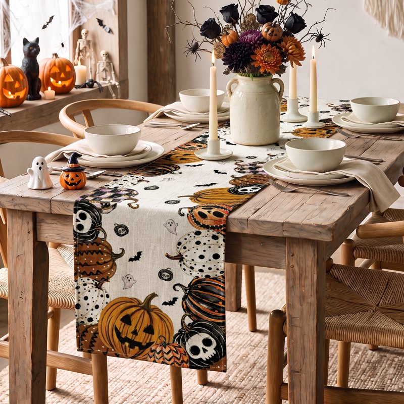 Mexican Skull Pumpkin Halloween Table Runner - Day of the Dead Decor 13x72 Inch B