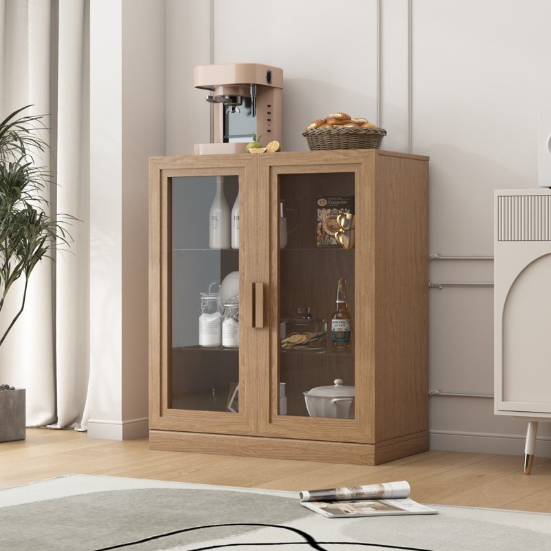 Curio Display Cabinet with Glass Doors - Natural Wood, 36x31x16in