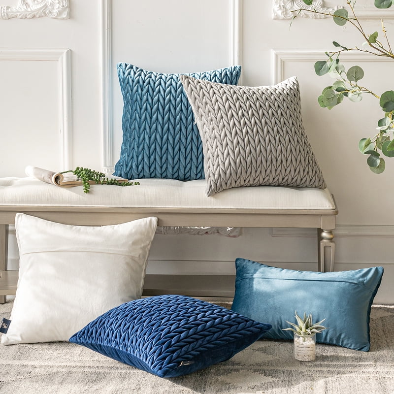 20x12 Blue Chevron Velvet Throw Pillow Set - Modern Polyester Accent Cushions