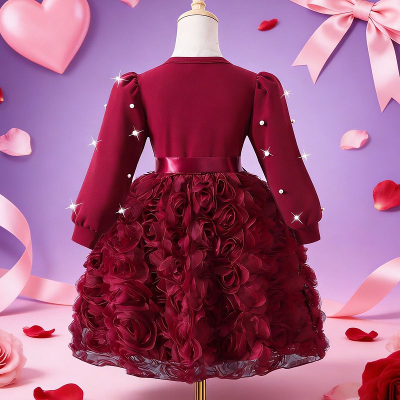 Girls Long Sleeve Party Dress with 3D Floral Pearls - Red, 3-4 Years