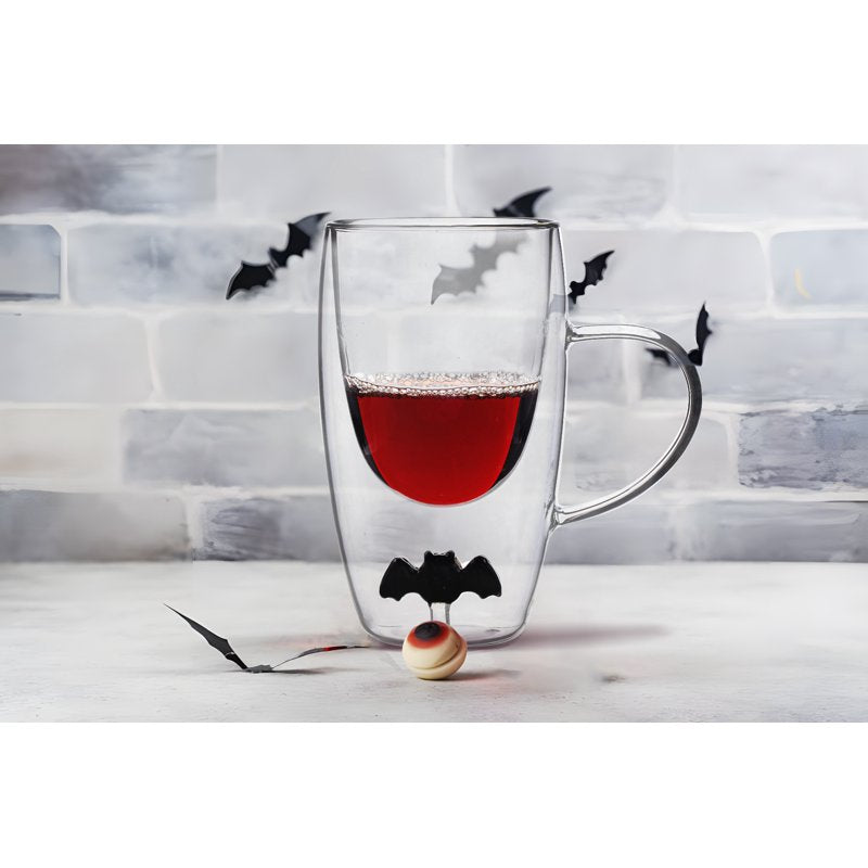 Coffee Glass Mug with Bat Charm - Double Wall Borosilicate