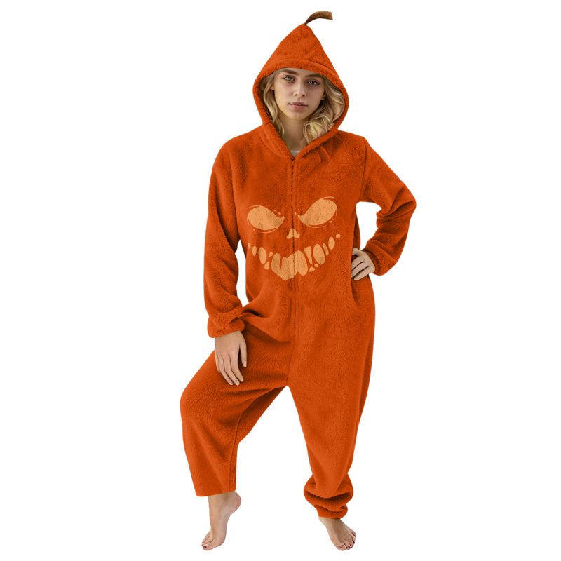 Family Pumpkin Cosplay Onesie Pajamas with Hood - Cozy Halloween Loungewear W L