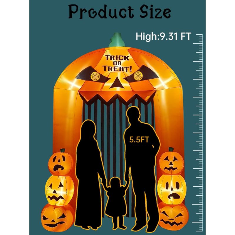 9.5ft Inflatable Pumpkin Arch with LED Lights for Halloween Yard Decor