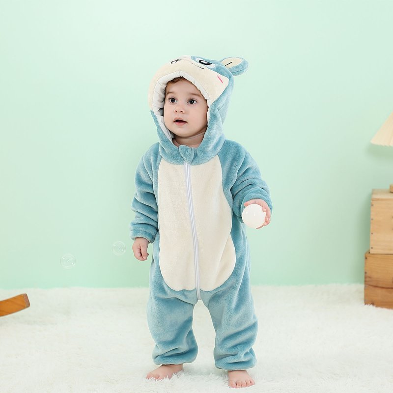 Kids Animal Hooded Flannel Romper - Blue, 18-24 Months