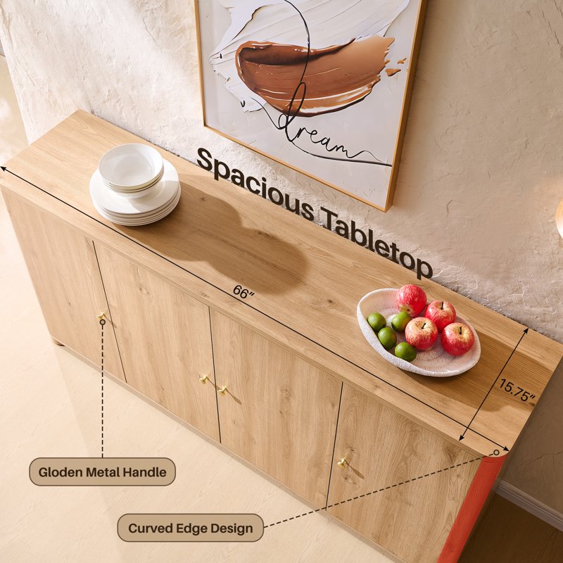 Curved Coffee Bar Storage Cabinet - 66" Natural Sideboard with 4 Doors