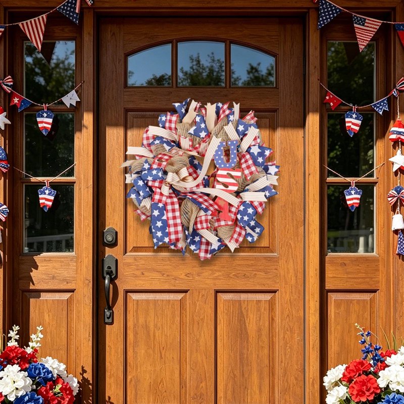 4th of July Patriotic Wreath for Front Door - Independence Day Artificial Decor - Variation 0I