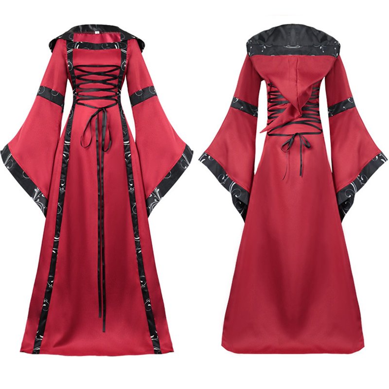 Women's Long Sleeve Gothic Splicing Dress - Halloween Cosplay XL Black+Red