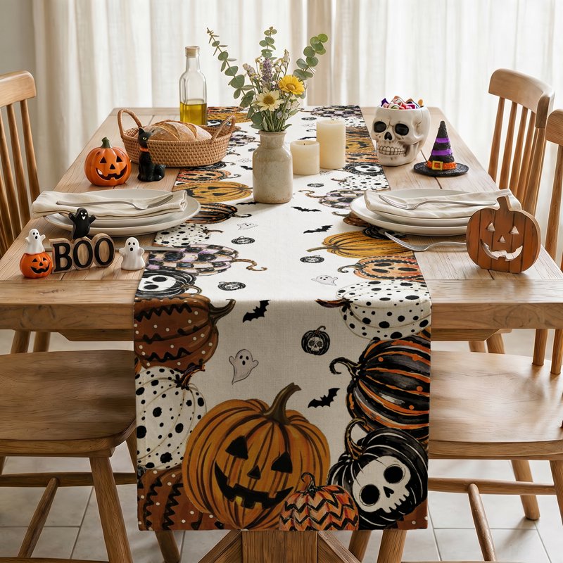 Mexican Skull Pumpkin Halloween Table Runner - Day of the Dead Decor 13x72 Inch B