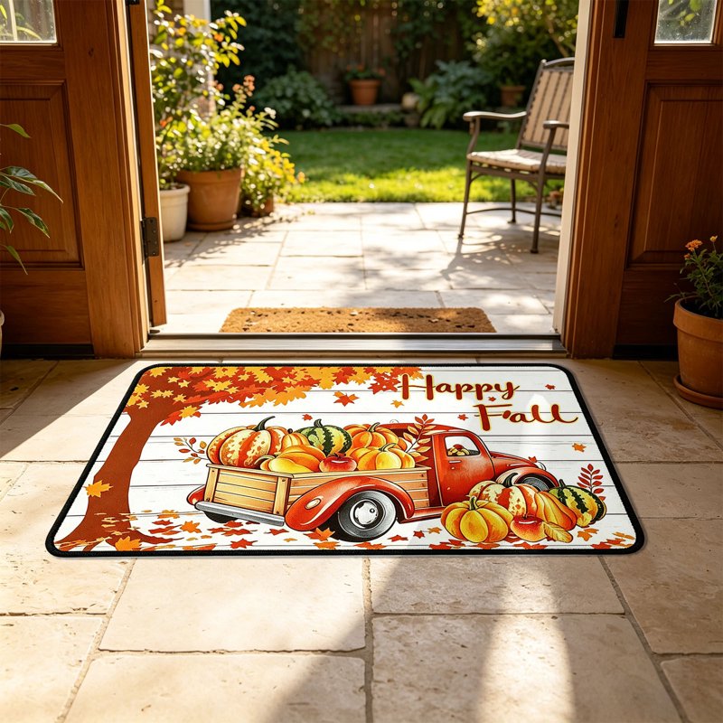 Thanksgiving Non-Slip Harvest Doormat - Truck with Pumpkins Sibling S