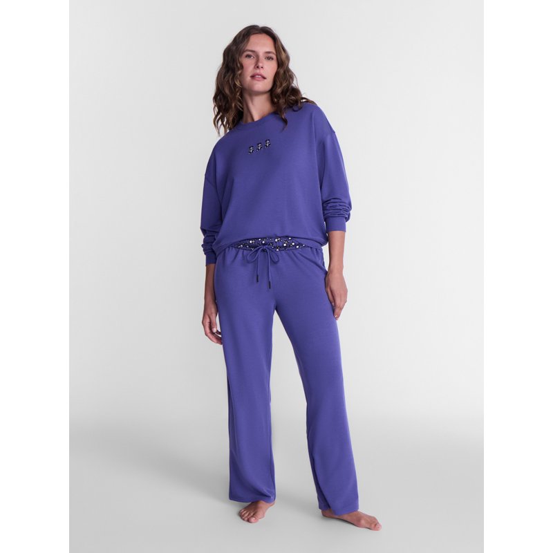Women's Halloween Fall French Terry Knit Lounge Top with Embroidery - Blue S