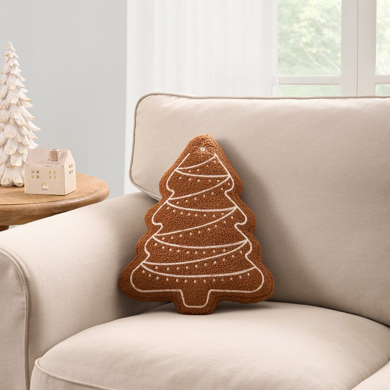 Gingerbread Tree-Shaped Decorative Pillow - Holiday Farmhouse Accent, 16x12 Inches