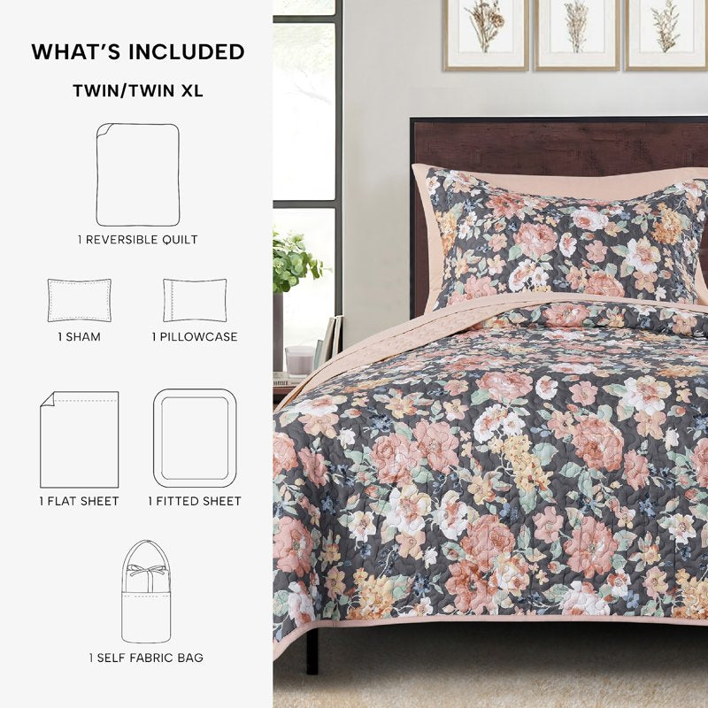 Twin/Twin-XL All-in-One Lightweight Quilt and Sheet Set - Gray Floral