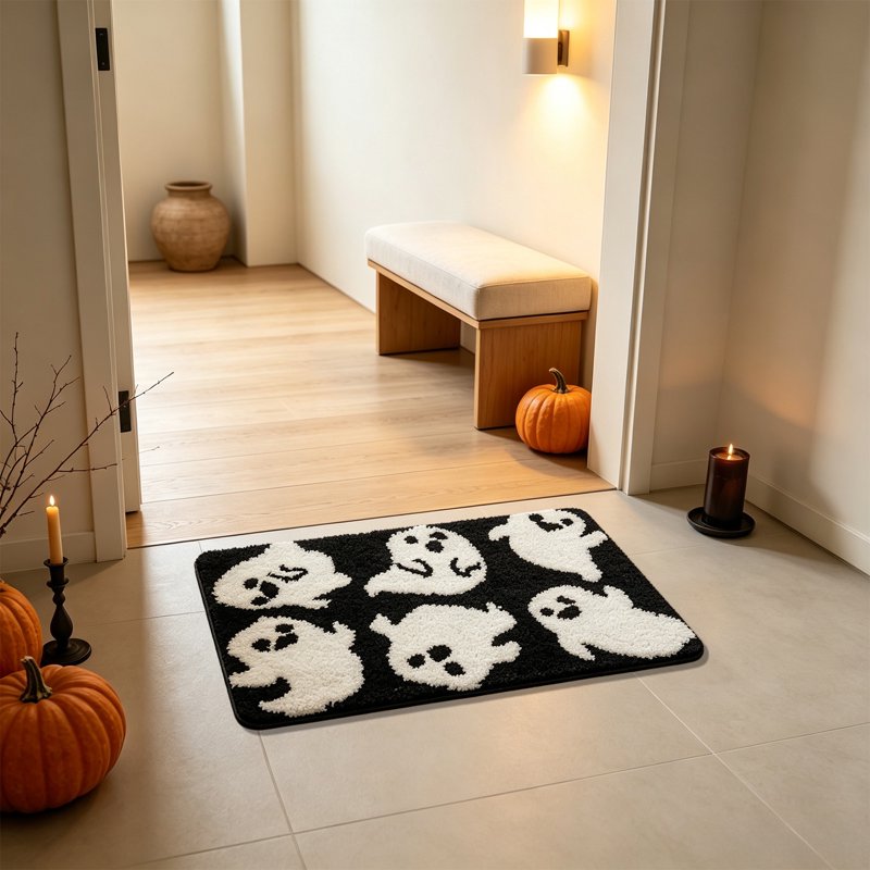 Halloween Door Mat 16x24 Inch Ghost Tufted Floor Rug Indoor Front Door Decor - Black, Ghost-P