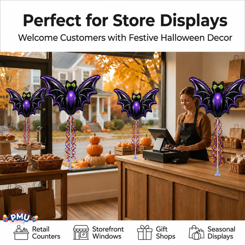 PMU Halloween Pre-Inflated Bat Balloons - 9 Inch Air-Filled, 3 Pack with Cups & Sticks - Night Bat Variation