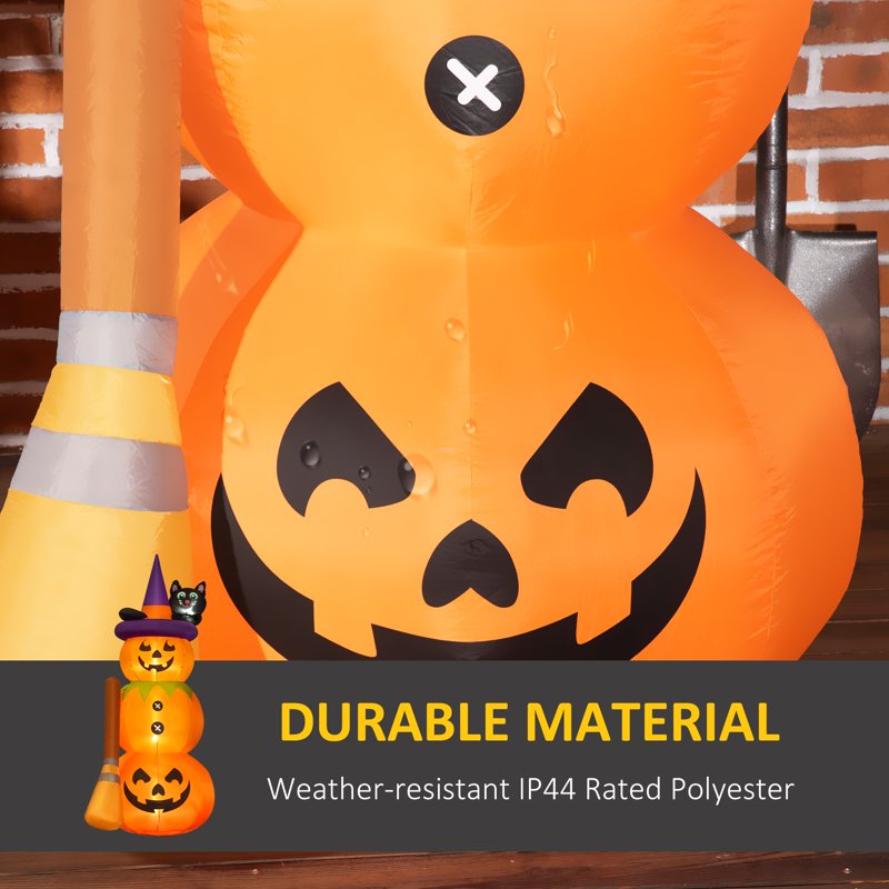 Inflatable Halloween Pumpkin Man with Black Cat and Broom - Orange Variation