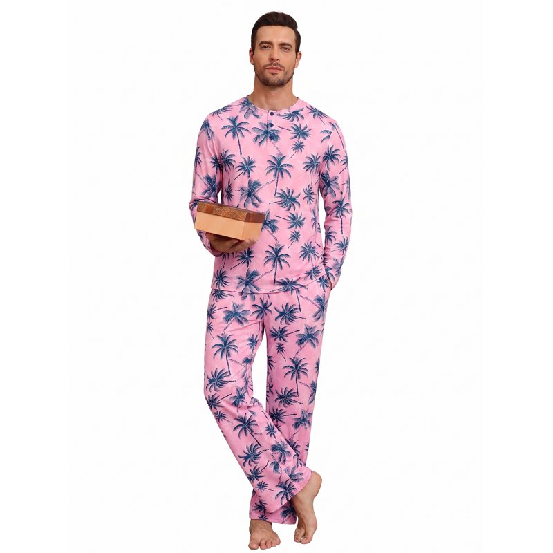 Pink Blue Palm Couple Pajama Set for Women Men M - Soft Holiday Sleepwear