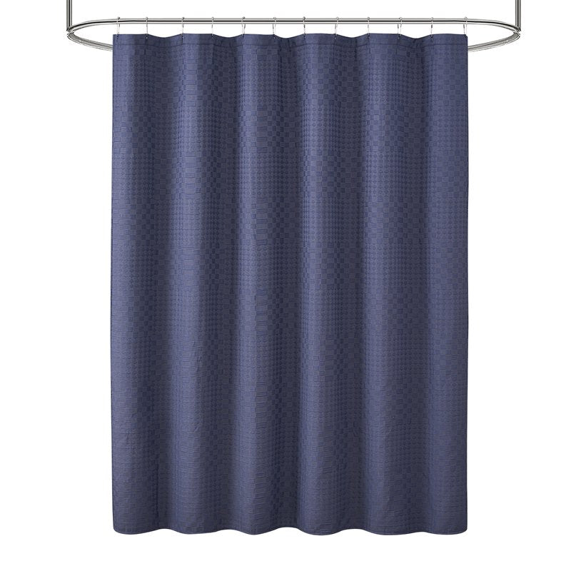 Nightshade Blue Check Matelassé Fabric Shower Curtain - Drew Barrymore - 72 x 72 Inches