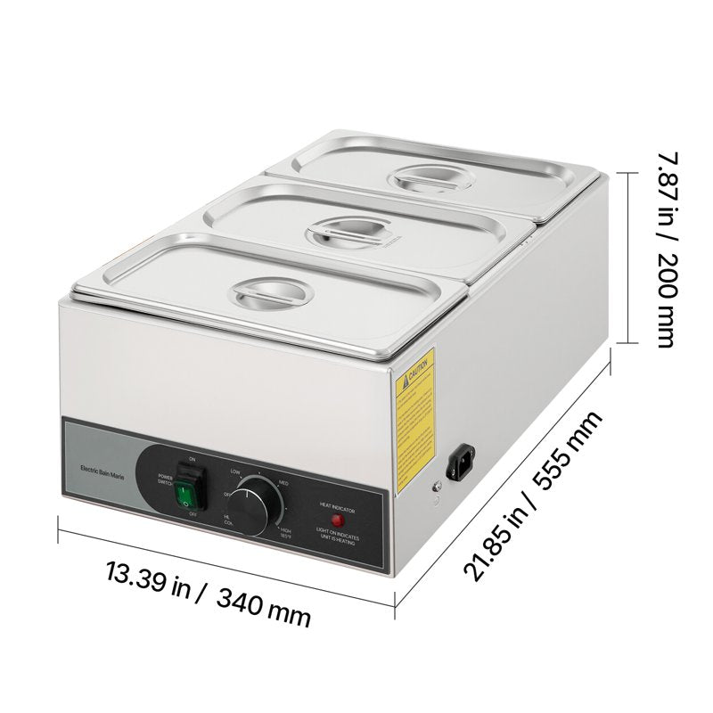 1200W Electric Food Warmer - Stainless Steel Steam Table with 3 Food Pans