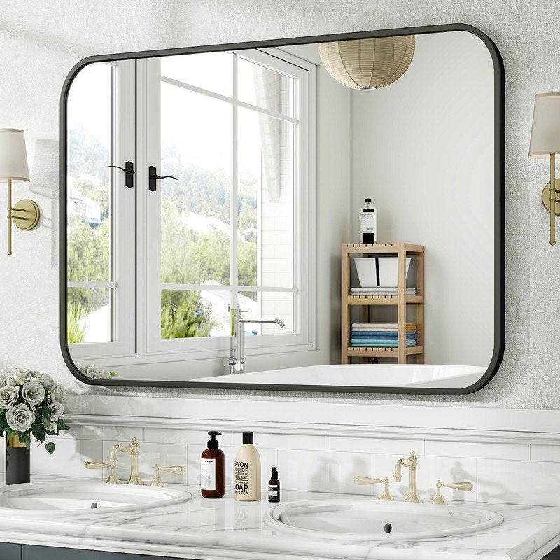 Rectangular Bathroom Mirror 40x30 Inch Wall-Mounted Vanity Mirror with Rounded Corners - Black