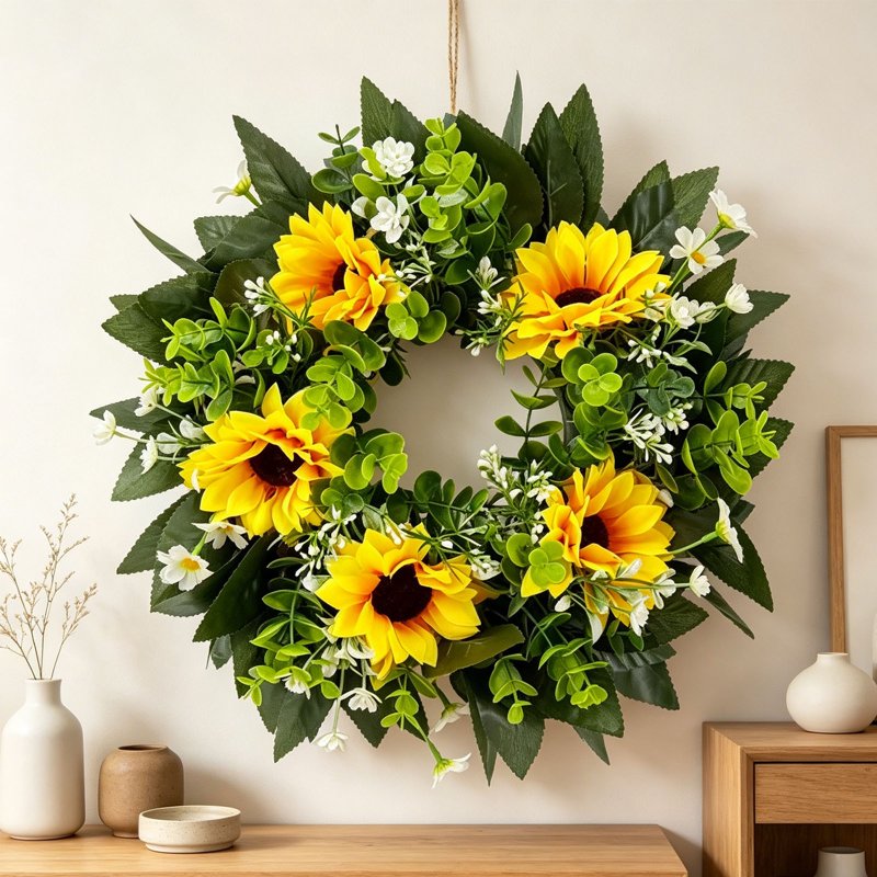 Sunflower Wreath Artificial Flower Door Decor Spring Summer 14 Inch - Variation 720-1-14