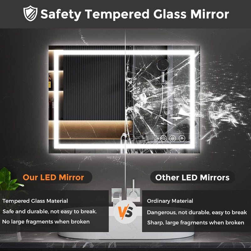 40x60 Inch LED Bathroom Mirror with Lights, Adjustable Brightness & Defogging