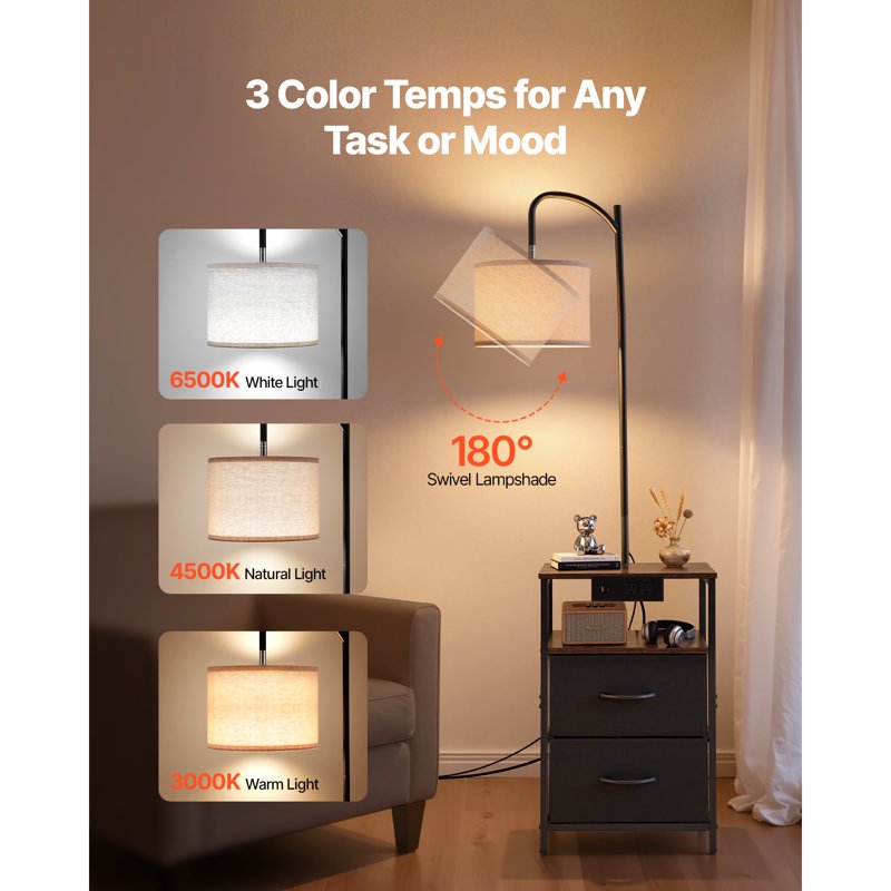 Multifunctional Floor Lamp with Integrated Table & Charging Ports