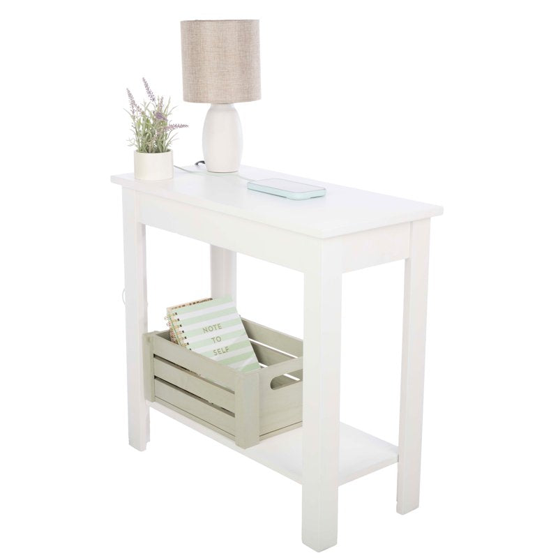 Narrow Side Table with Charging Station & Storage Shelf
