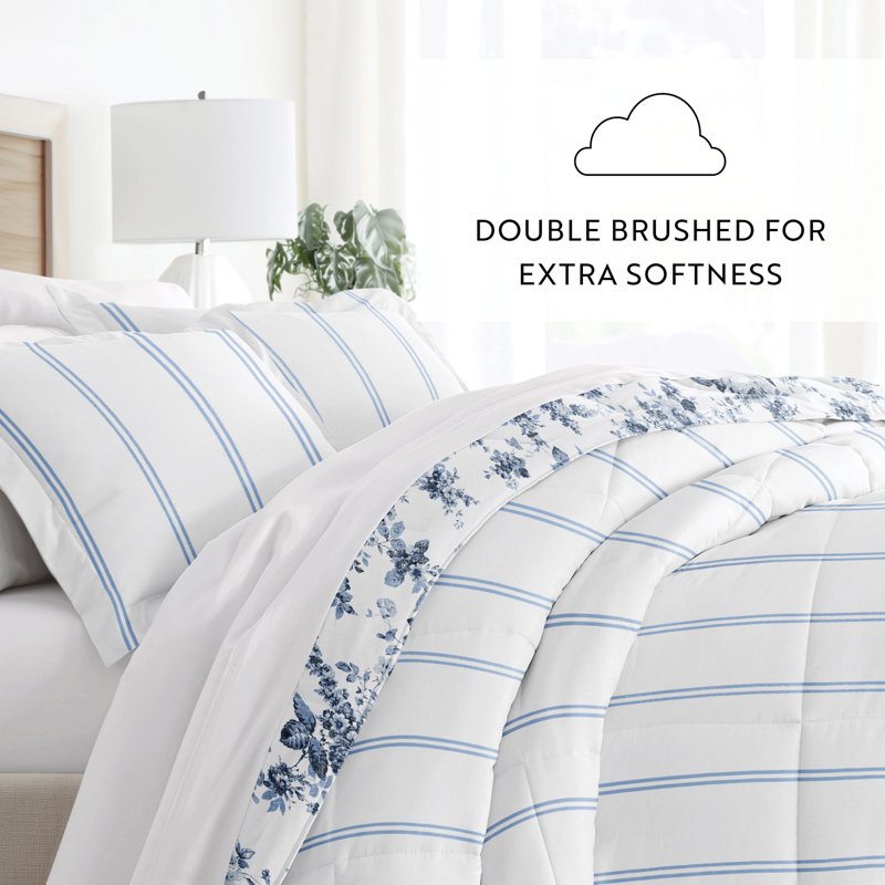 Full/Queen Reversible Comforter Set with Cabbage Rose Stripe - Stone