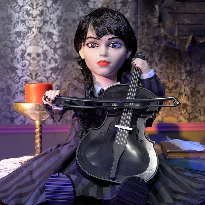 Animated Wednesday Halloween Doll with Cello - 13 Inch Tabletop Decor