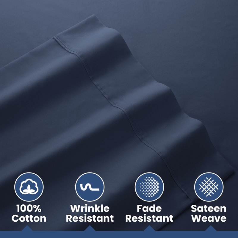 Twin Navy Cotton Sateen Bed Sheet Set - 400TC, 3-Piece