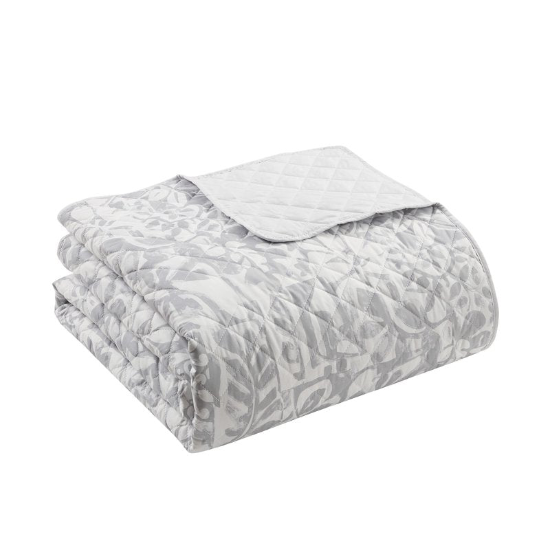 Twin Reversible Bohemian Quilt Set with Abstract Floral Pattern - Grey & White