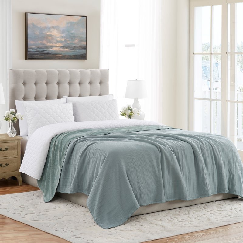 King Green Muslin Flannel Bed Blanket - Reversible Lightweight Throw