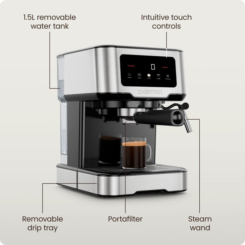 Espresso Machine with Steam Wand & Touch Controls - Stainless Steel