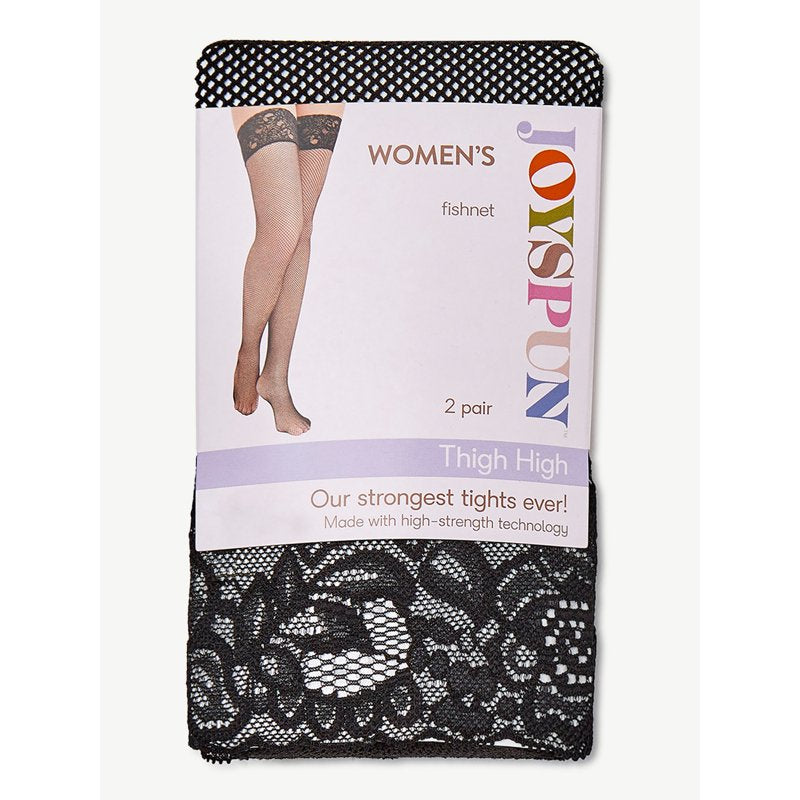 Women’s Fishnet Thigh-High Stockings 2-Pack - Black, Regular Fit, Roll-Resistant Waist