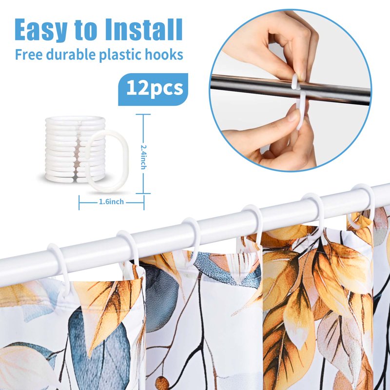Ikfashoni Fall Shower Curtain with Hooks - Blue Pumpkin Leaves Waterproof Bathroom Decor - Fall 6