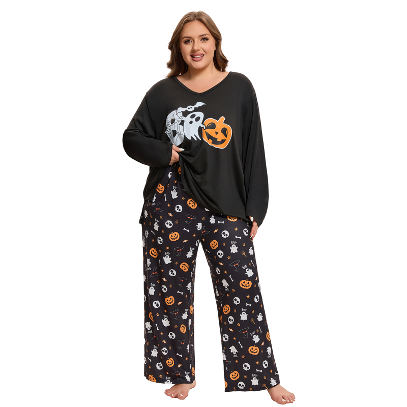 Halloween Plus Size Ghost Pumpkin Pajama Set for Women 2-Piece - Ghost Pattern 1XL