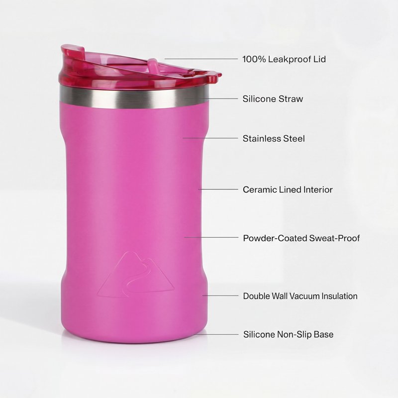 16oz Stainless Steel Can Tumbler with Ceramic Lining & 2-in-1 Lid - Pink