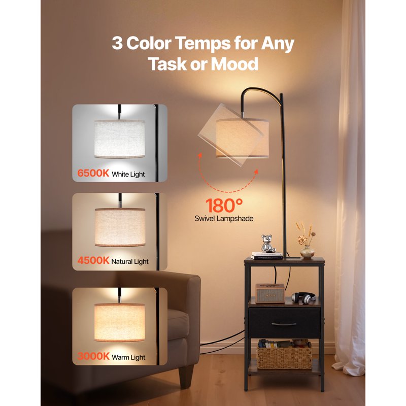 Multifunctional Floor Lamp with Table, USB & AC Charging Ports