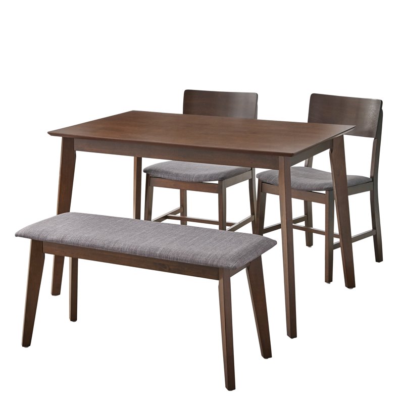 Mid Century 4-Piece Dining Set with Bench - Gray Upholstery