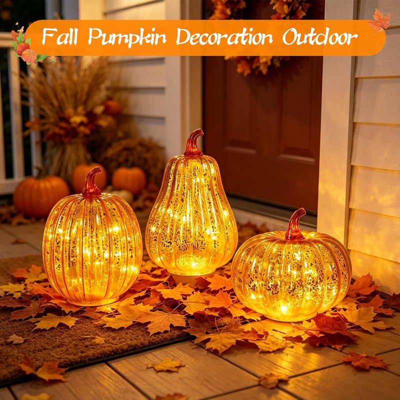 Mercury Glass Pumpkin Lights with Timer - Fall Harvest Decor, C#2, 1 Piece