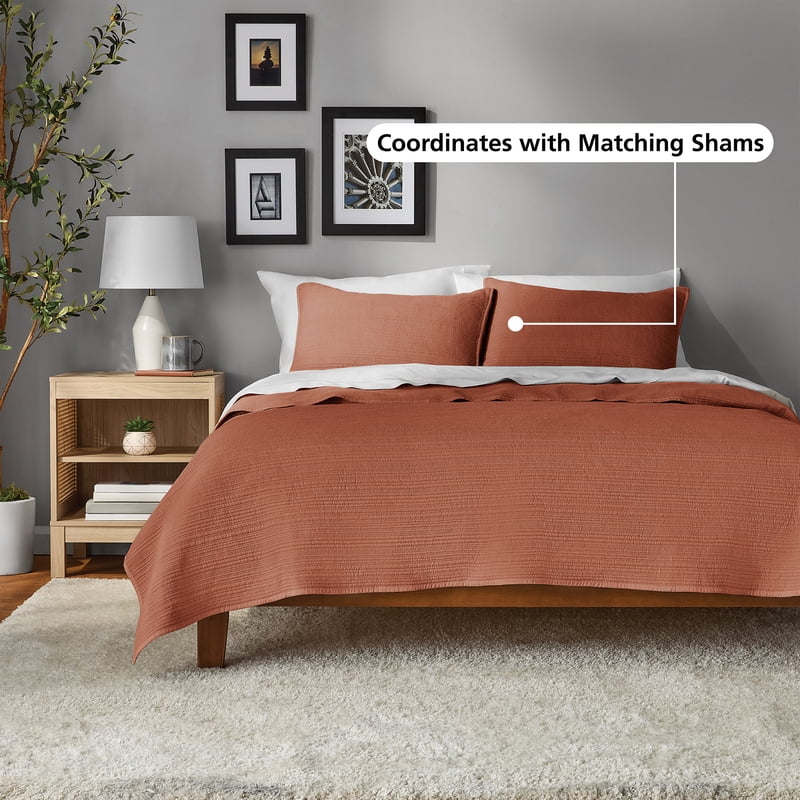 Full/Queen Garment Washed Stripe Quilt - Terracotta Orange Microfiber