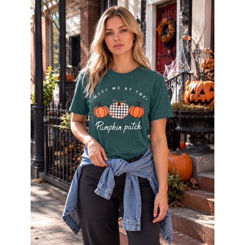 Women Halloween Pumpkin Plaid Graphic T-Shirt - Dark Green, XL