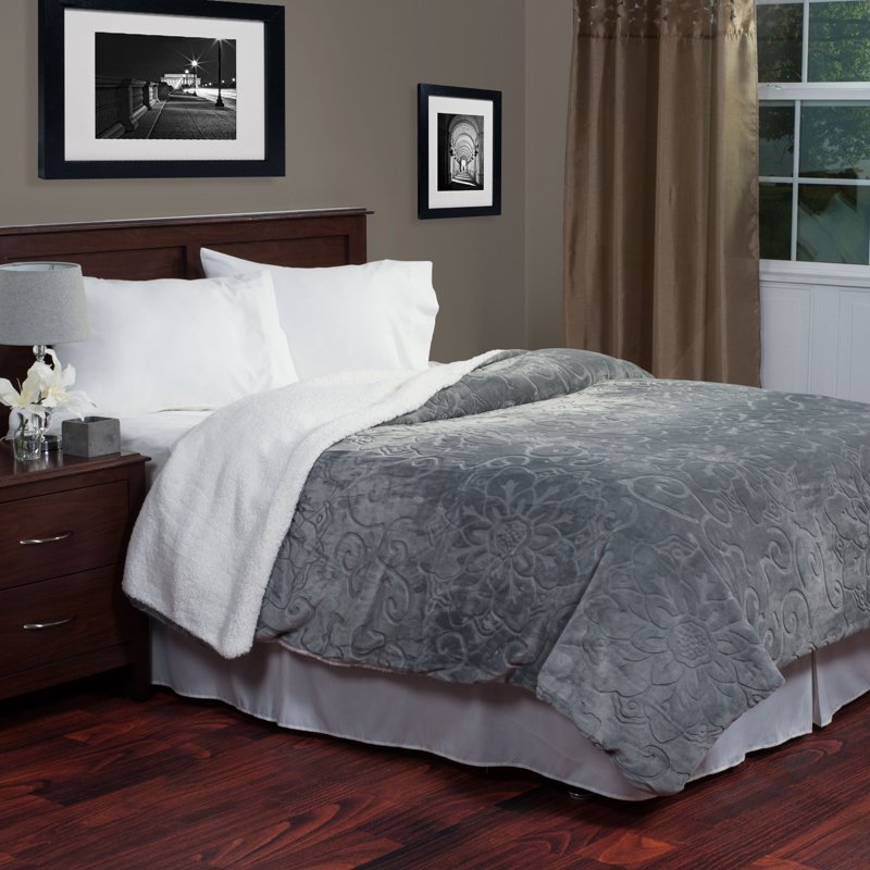 Queen Size Floral Etched Sherpa Throw Blanket - Gray, 86x90 Fleece Reversible Bed Cover