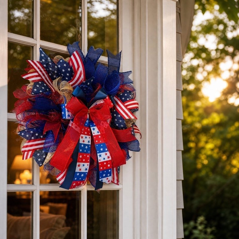Patriotic 4th of July Wreath with Red White Blue Flowers - Variation Z0I