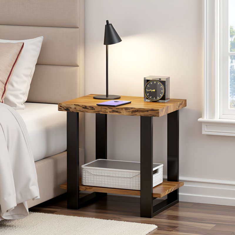 Live Edge Acacia Wood End Table with Storage Shelf