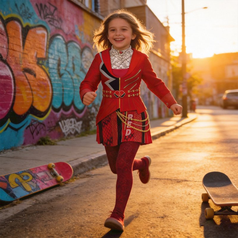 Girls Red Wonderland Costume Set with Heart Graphic Jacket Skirt & Leggings - Wine, 11-12Y