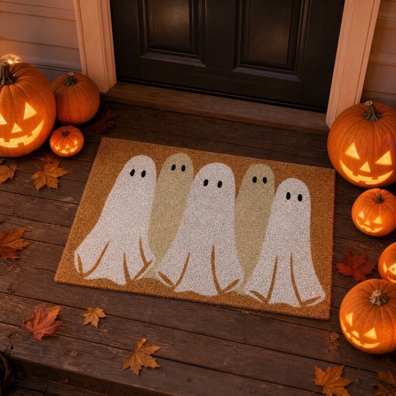 Halloween Ghost Doormat 18x30 Inch Rustic Coir Floor Rug Non-Slip Entryway Decor