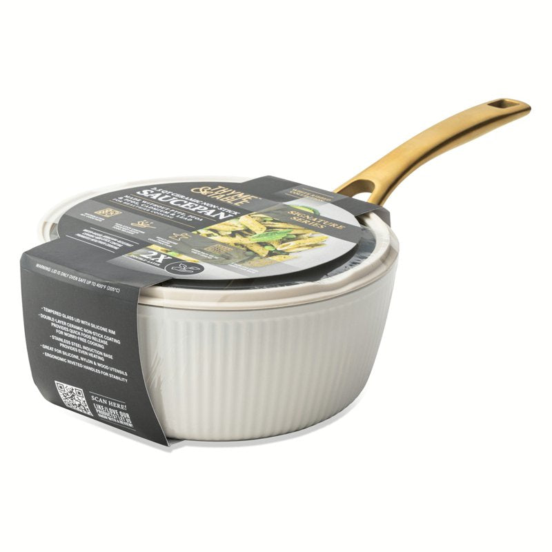 2.5 QT Non-Stick Ribbed Saucepan - White & Gold
